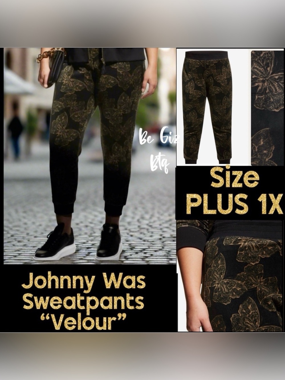 🔥🔥NWT Johnny Was Zuri Velour Sweatpants Black & Butterflies Plus 1X